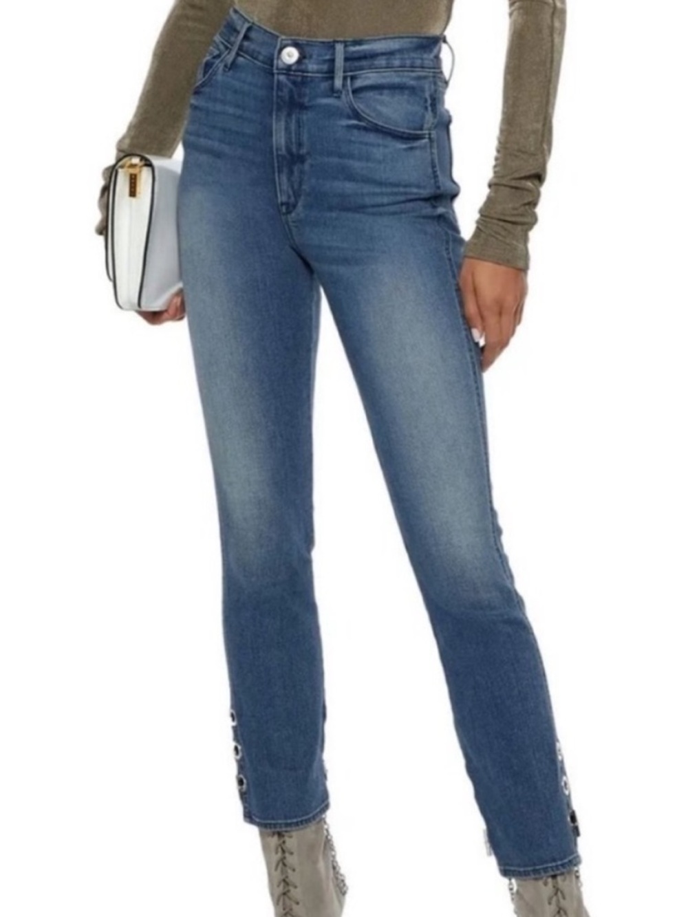 3X1 Bijou High Waist Straight Leg Grommet Chain Stirrup Detail Blue Jeans 28